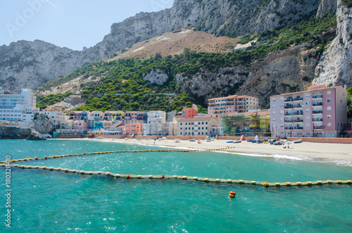 View of small fishing village and sandy beach at Catalan Bay (La Caleta). British Overseas Territory of Gibraltar. 