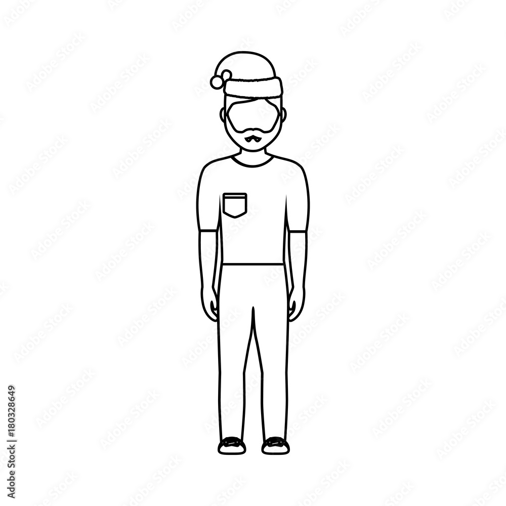 flat line uncolored man with santa hat over white background vector illustration flat line uncolored man with santa hat over white background vector illustration
