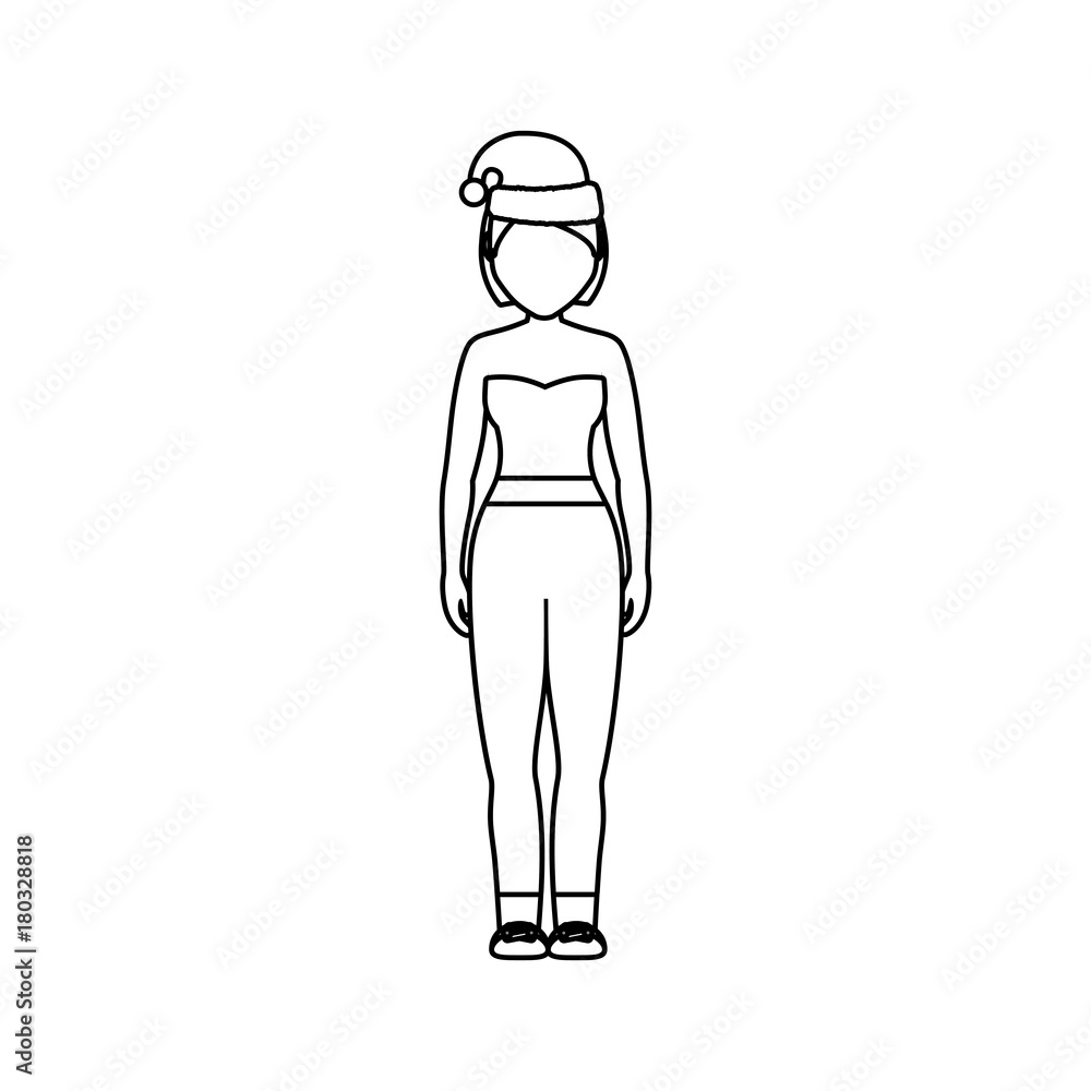 flat line uncolord woman with santa hat over white background vector illustration flat line uncolord woman with santa hat over white background vector illustration