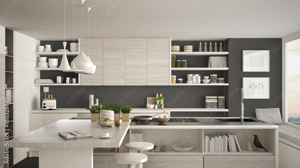 Modern wooden kitchen with wooden details, close up, island and gas stove with cooking pan, white and gray minimalistic interior design Modern wooden kitchen with wooden details, close up, island and gas stove with cooking pan, white and gray minimalistic interior design