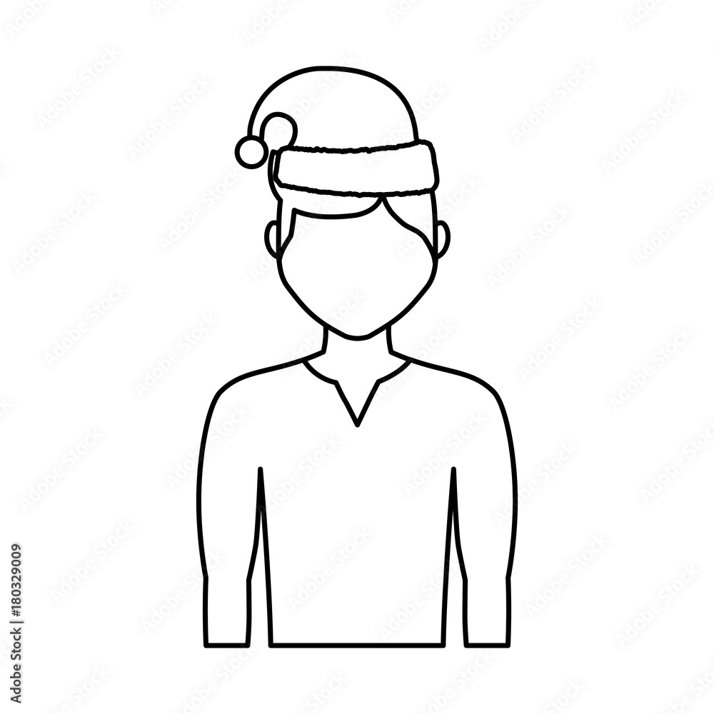 flat line uncolored man with santa hat over white background vector illustration flat line uncolored man with santa hat over white background vector illustration