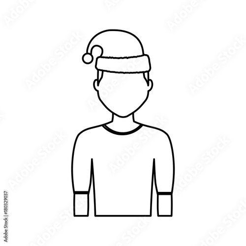 flat line uncolored man with santa hat over white background vector illustration