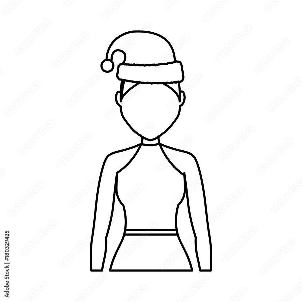 flat line uncolord woman with santa hat over white background vector illustration flat line uncolord woman with santa hat over white background vector illustration