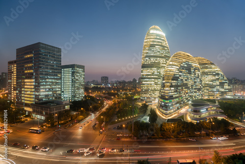 Beijing cityscape and famous landmark building in WangJing Soho at night in Beijing, China.
