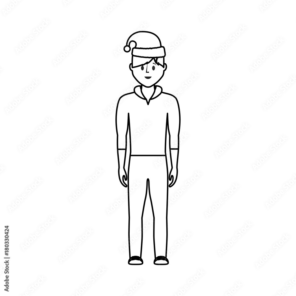 flat line uncolored man with santa hat over white background vector illustration flat line uncolored man with santa hat over white background vector illustration