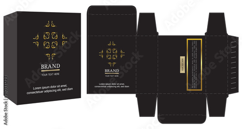 Packaging design, black and gold luxury box design template and mockup box. Illustration vector.