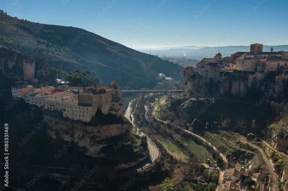 Obraz premium Parador de Cuenca. Saint Paul monastery in the outskirts of Cuenca, in Spain, XVI century, on a privileged and defensive cliff.
