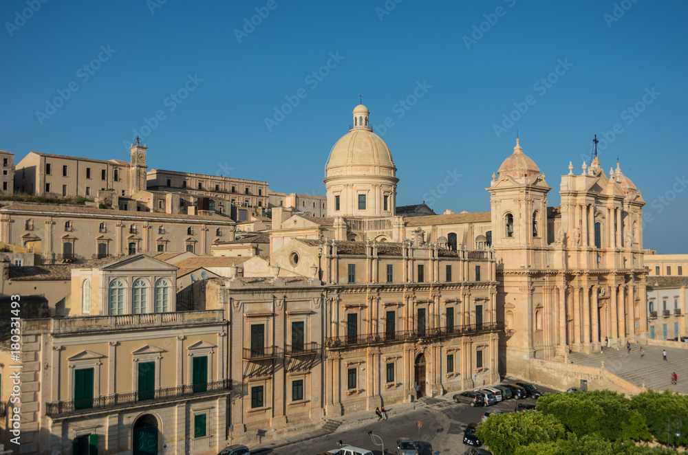 The famous baroque cathedral of Noto in sunset. View from belltower of St. Charles Church. Sicily, Italy