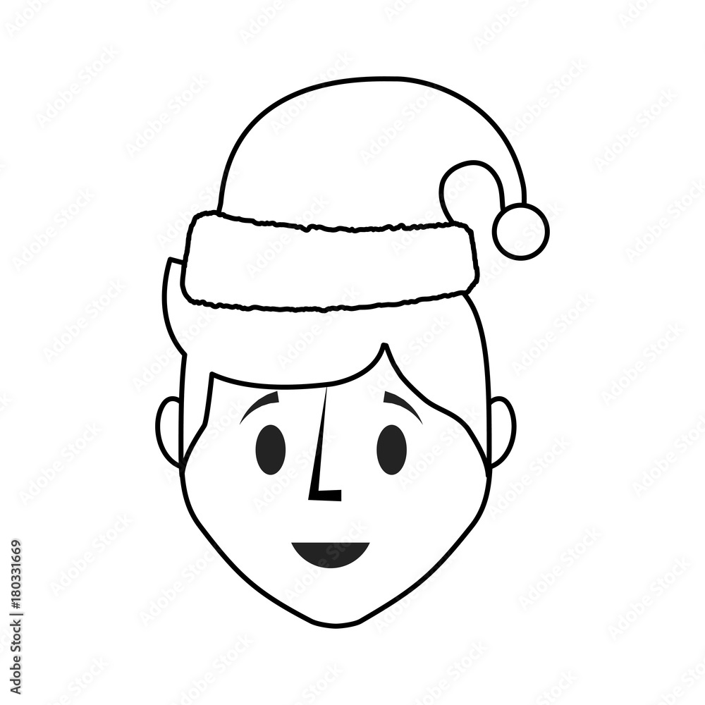 flat line uncolored man face with santa hat over white background vector illustration flat line uncolored man face with santa hat over white background vector illustration