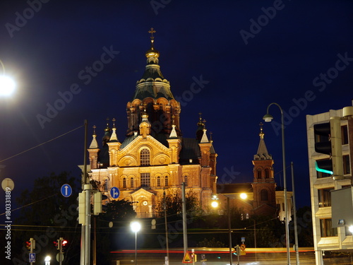Night view of Uspenski Cathedral in Helsinki, Finand