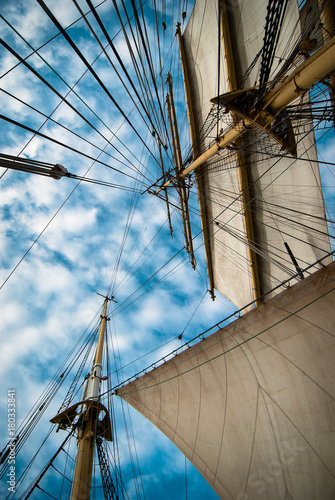Bark Krusenstern, sails and ropes view from below.