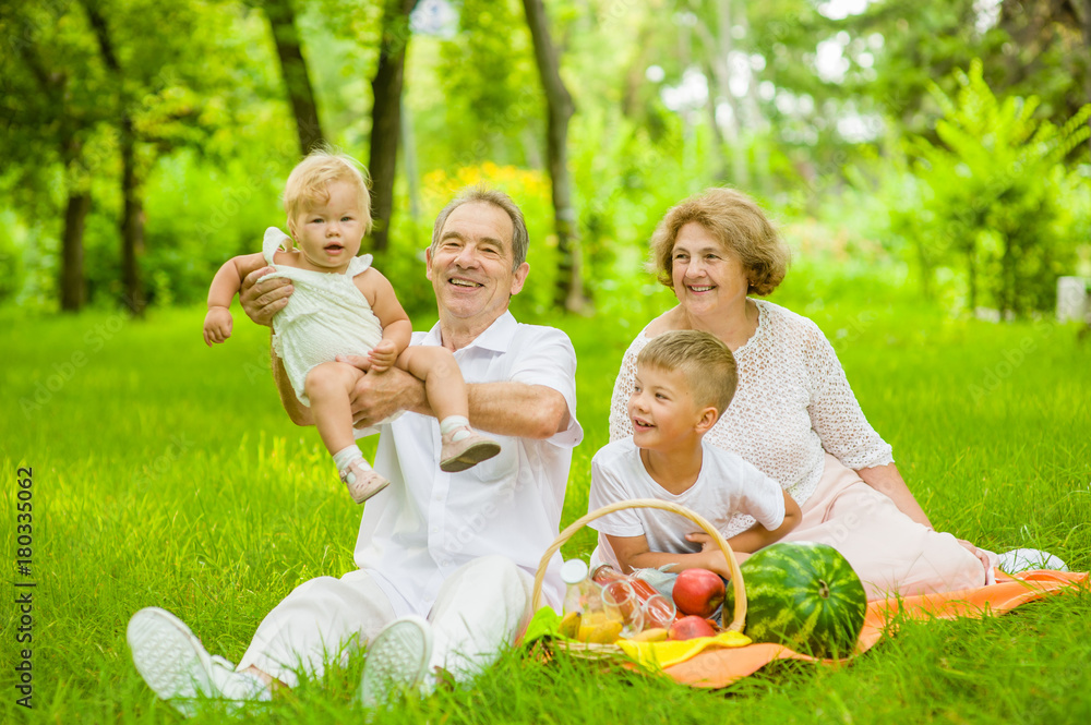 Happy family picnic. Grandfather throws up baby in the air in nature Happy family picnic. Grandfather throws up baby in the air in nature