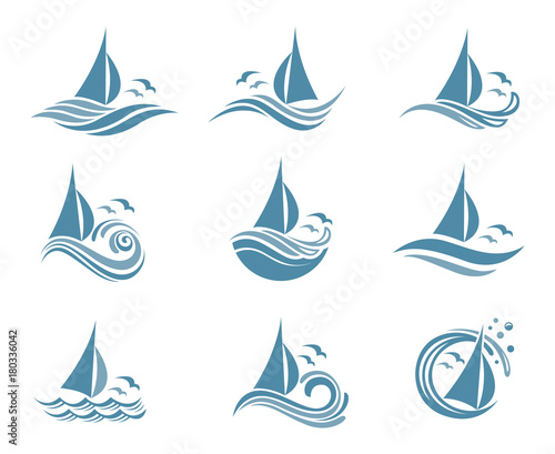 icons collection of sailing yachts and ocean waves with seagulls