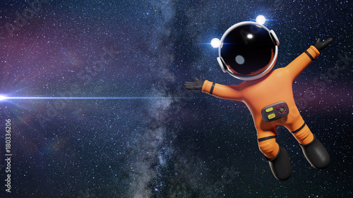 3d cartoon astronaut character with orange space suit presenting an empty space lit by the Sun and the stars of the galaxy (3d render)
