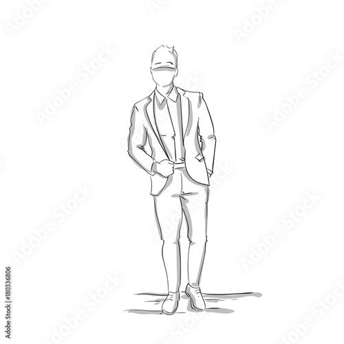 Sketch Silhouette Of Confedent Business Man In Suit, Businessman Full Length On White Background Vector Illustration