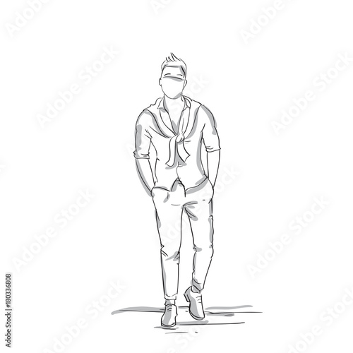 Business Man Sketch Silhouette Wear Fashion Clothes Businessman Full Length On White Background Vector Illustration