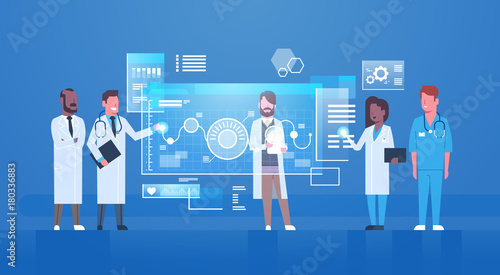 Medical Doctors Press Buttons On Digital Screen Modern Innovative Medicine Technology Concept Virtual Treatment Flat Vector Illustration