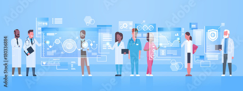 Diverse Doctors Group Use Virtual Computer Screen With Digital Buttons Innovation Technology Concept Modern Medical Treatment Flat Vector Illustration
