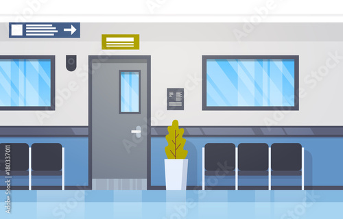Hospital Interior Empty Hall With Seats And Door Modern Clinic Corridor Flat Vector Illustration