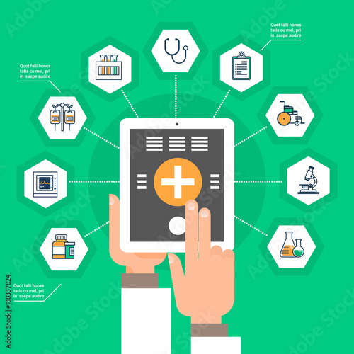 Hand Hold Digital Tablet With Medical Application Medicine Icons Social Network Online Treatment Concept Flat Vector Illustration
