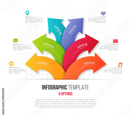 Infographics with 6 option branching circular arrows. Vector tem