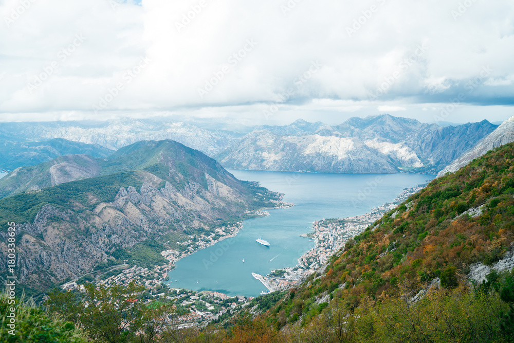 Beautiful cloudy landscape view from mountain on a bay