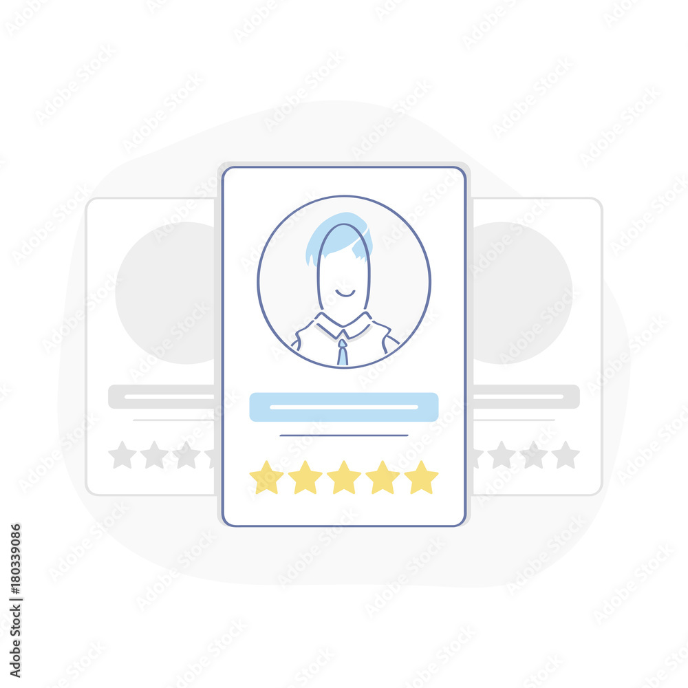 Customer review, user feedback, evaluation of an employee or a candidate for work. Card with human head, rating stars and shot review. Cute cartoon vector illustration concept. Flat outline design. Customer review, user feedback, evaluation of an employee or a candidate for work. Card with human head, rating stars and shot review. Cute cartoon vector illustration concept. Flat outline design.