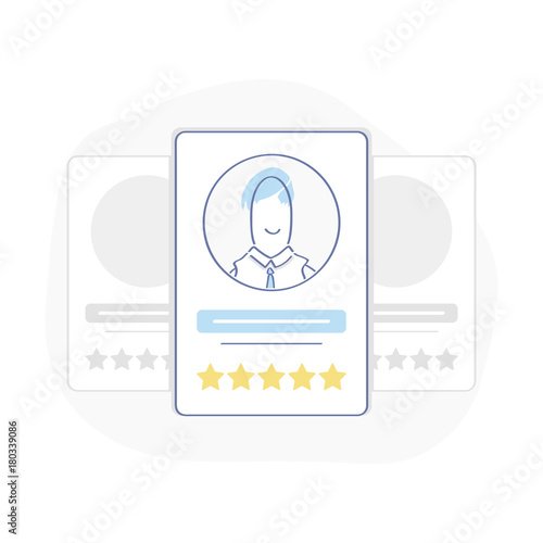 Customer review, user feedback, evaluation of an employee or a candidate for work. Card with human head, rating stars and shot review. Cute cartoon vector illustration concept. Flat outline design.