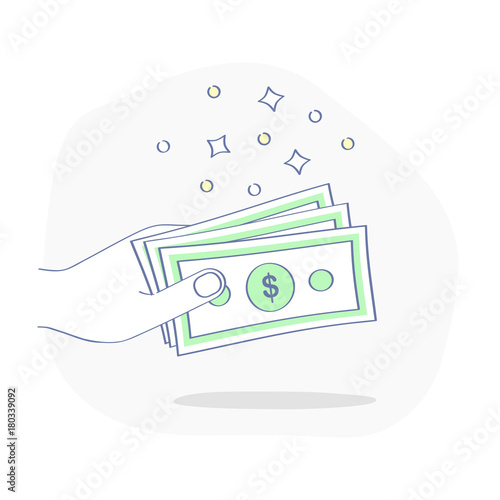 Payment, pay, give money, salary, wage. Flat outline vector of hand giving money. Vector business illustration. Premium quality.