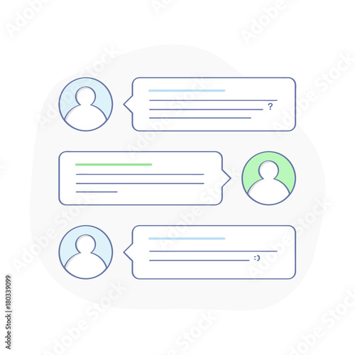 Chatting bubble speeches, illustration of dialog or phone messages. Social network, messenger, chatting, online talking and messaging concept. Flat outline vector design, premium quality trendy icon.