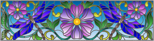 Illustration in stained glass style with bright dragonflyes , floral ornament and purple flowers on a sky background