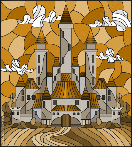 Illustration in the style of stained glass with the ancient castle on the background of the cloudy day sky,tone brown,Sepia