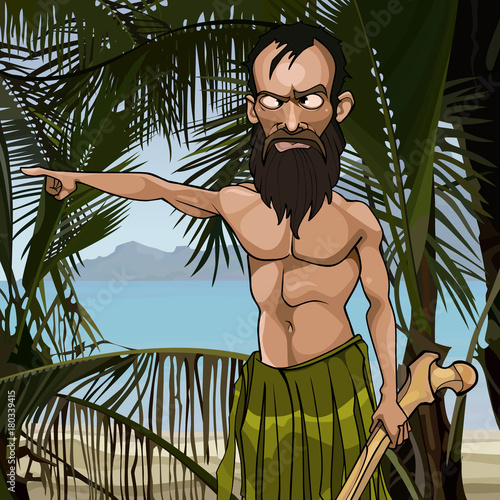 cartoon angry bearded man on a tropical island