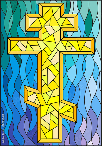 Illustration in stained glass style with a yellow cross on a blue wavy background