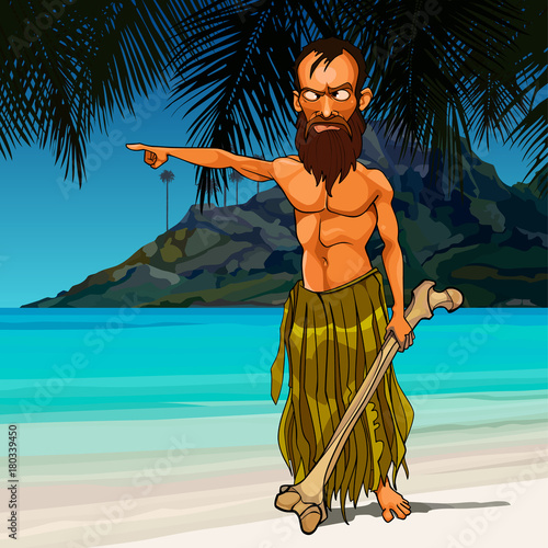 cartoon wild angry man living on a desert island