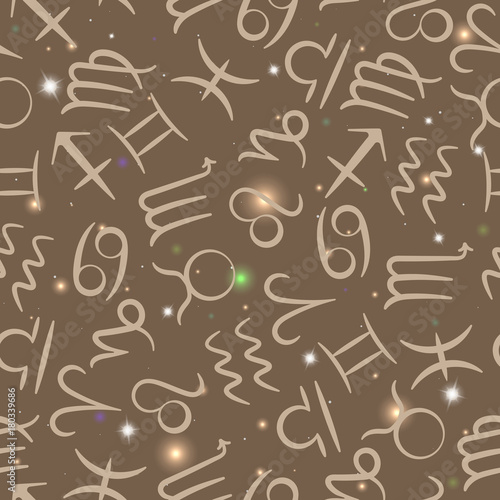 Seamless pattern with zodiac signs on the starry brown background