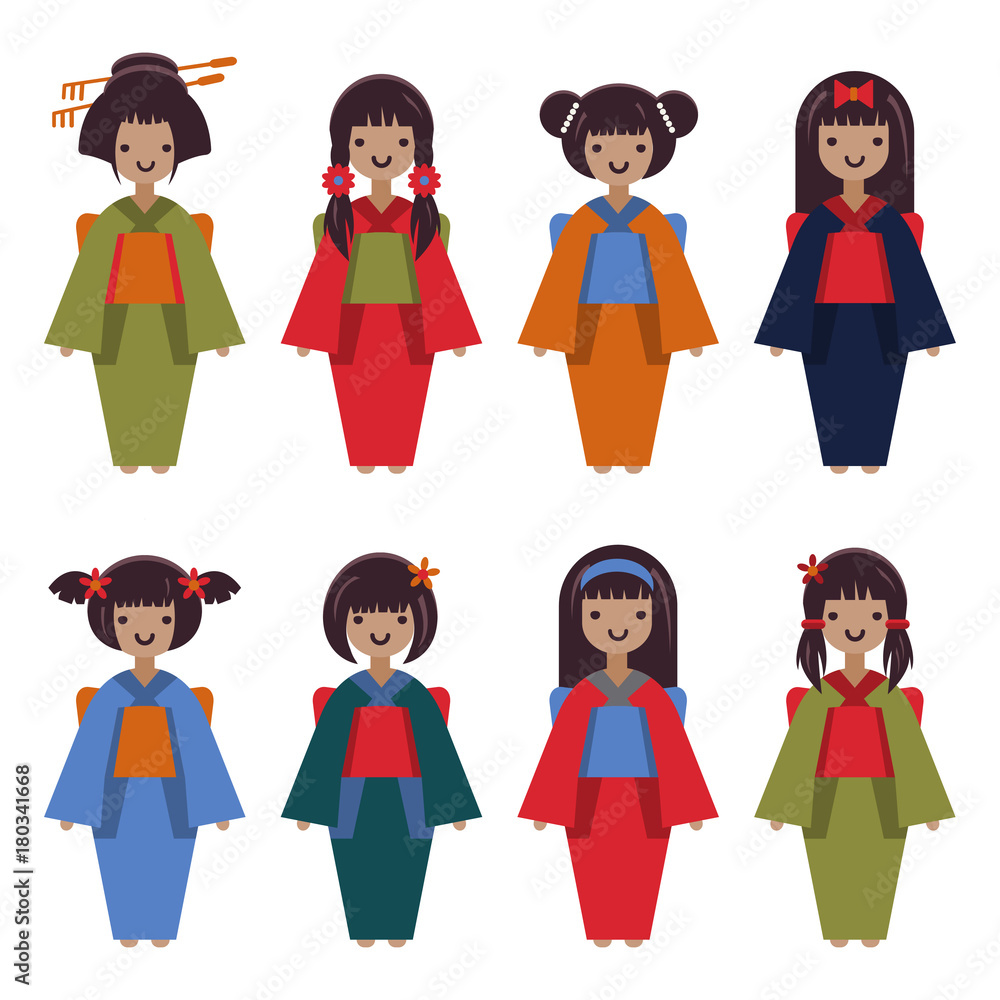 Vector collection of  girls  in kimono
