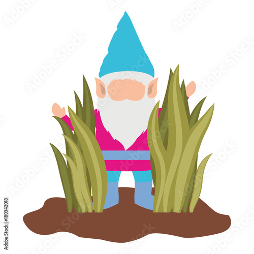 gnome without face coming out of the bushes on white background
