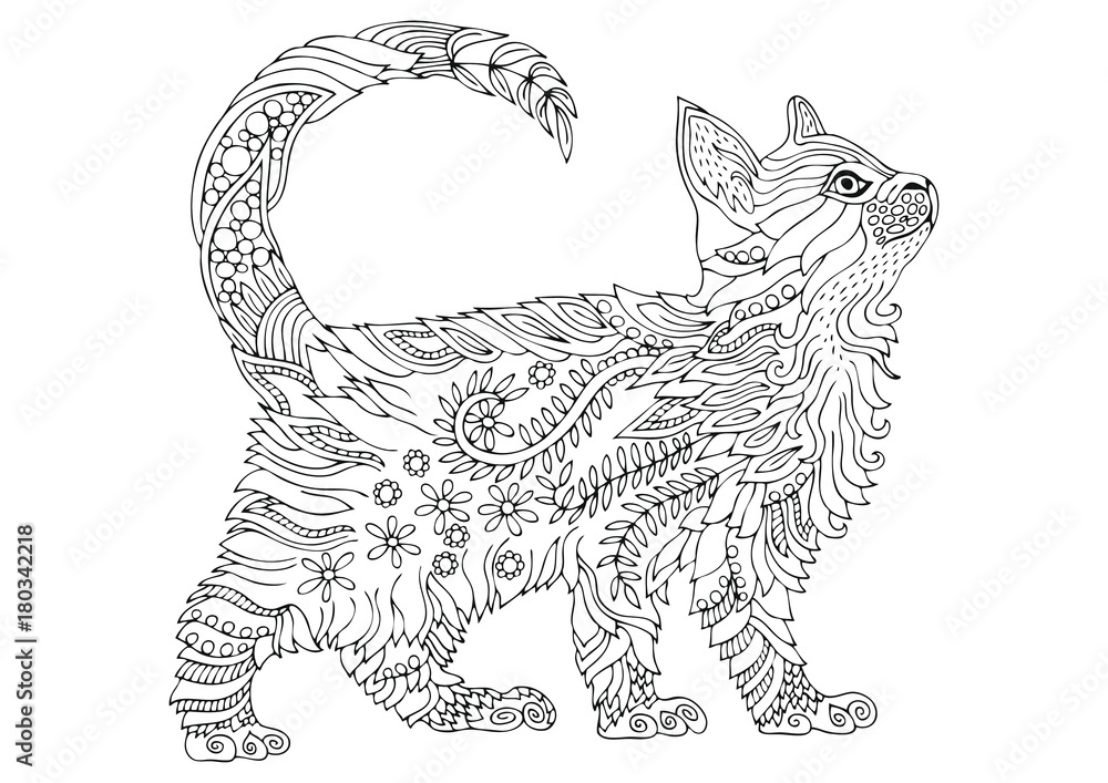 Naklejka Ręcznie rysowane kota. Szkic do kolorowania antystresowego dla dorosłych w stylu zen-splot. Ilustracji wektorowych do kolorowania strony.