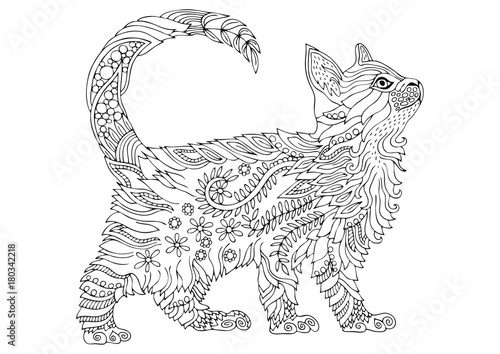Naklejka Ręcznie rysowane kota. Szkic do kolorowania antystresowego dla dorosłych w stylu zen-splot. Ilustracji wektorowych do kolorowania strony.