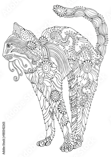 Hand drawn bengal cat. Sketch for anti-stress adult coloring book in zen-tangle style. Vector illustration for coloring page.