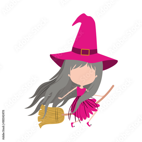 cute witch flying in broom and without face in colorful silhouette on white background
