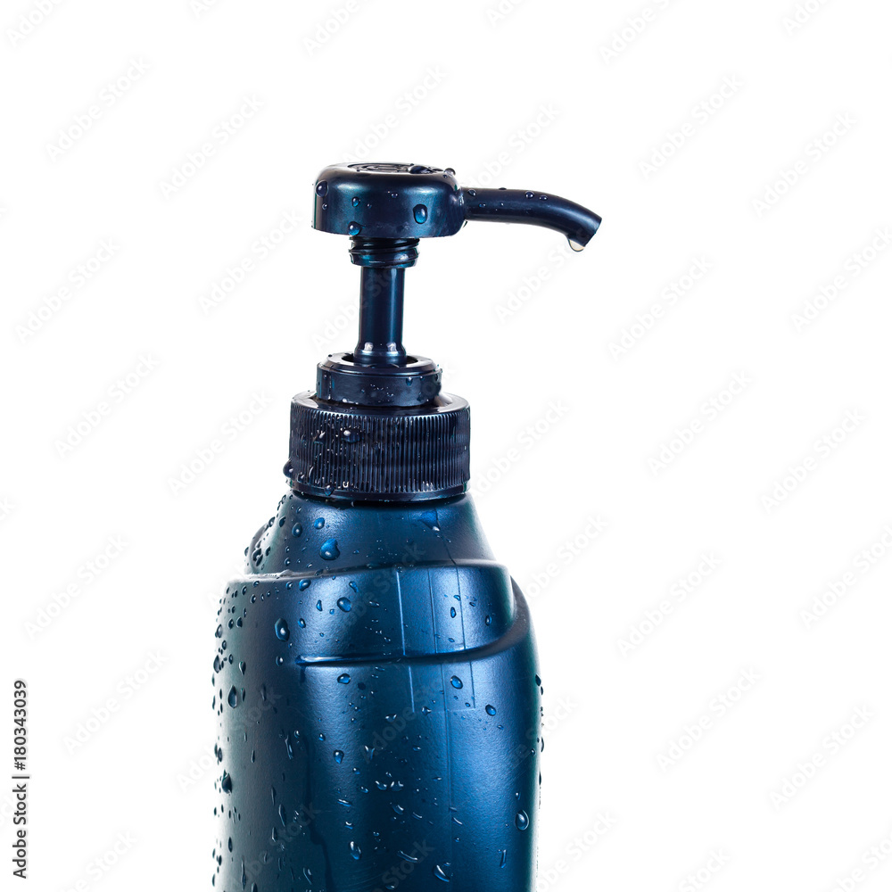 blue shower bottle with water drop on isolate blue shower bottle with water drop on isolate