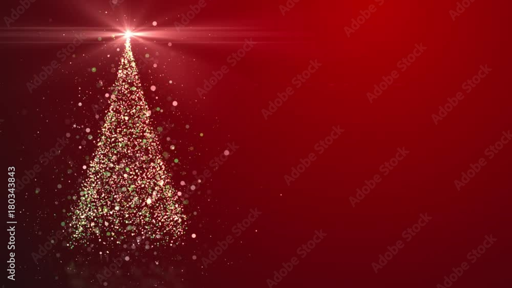 Merry Christmas greeting video card. Christmas tree with shining light, falling snowflakes and stars, 4K video background