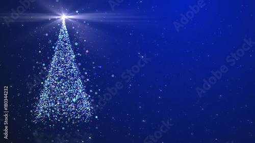 Merry Christmas greeting video card. Christmas tree with shining light, falling snowflakes and stars, 4K video background