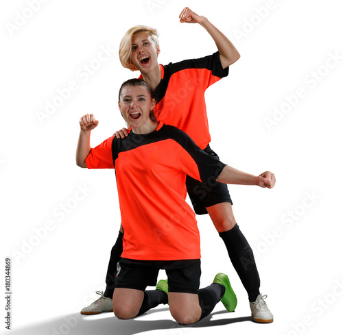 two female soccer players celebrating victory isolated