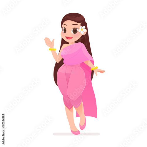 illustration thai women in thai traditional dress, Traditional southeast asian costume, Vector cartoon