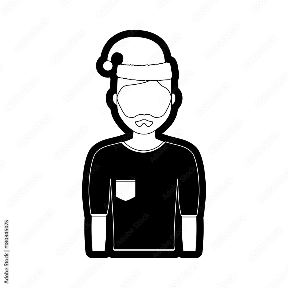 flat line  monochromatic  man  with santa hat  over white background  vector illustration