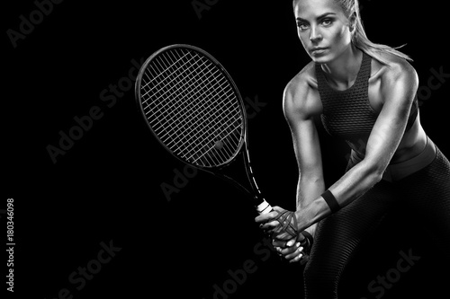 Beautiful blonde sport woman tennis player with racket in red costume © Mike Orlov