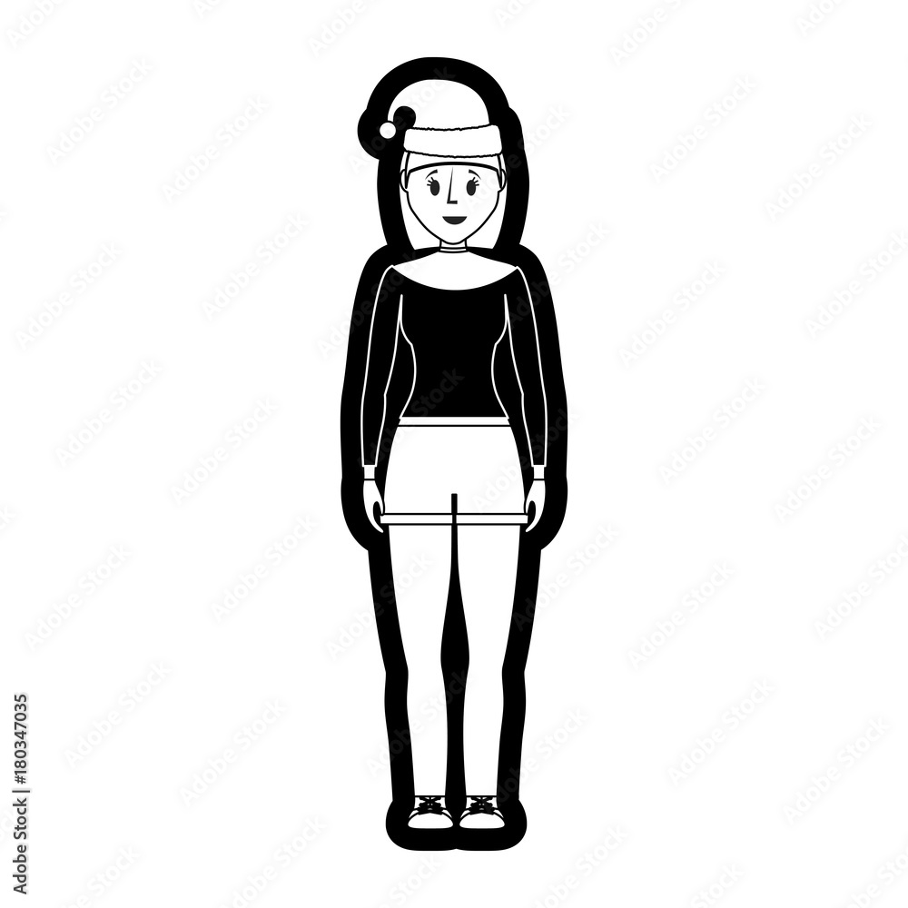 flat line monochromatic woman with santa hat over white background vector illustration flat line monochromatic woman with santa hat over white background vector illustration